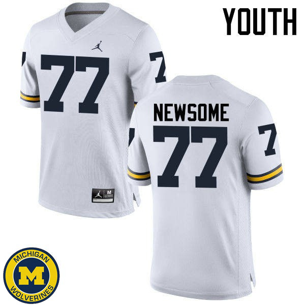 Youth Michigan Wolverines #77 Grant Newsome White Embroidery Jersey